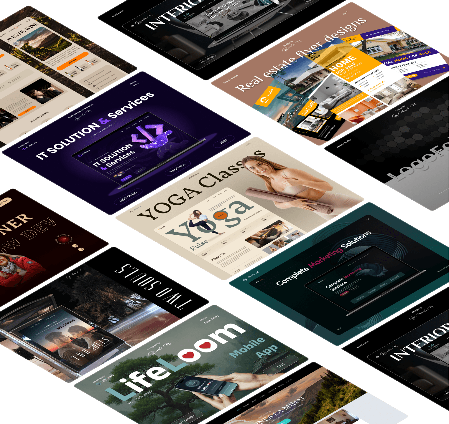 Array of diverse digital design project previews including IT solutions, yoga classes, real estate flyers, marketing solutions, mobile apps, wine shop, and interior design, arranged in a tilted grid on black background.